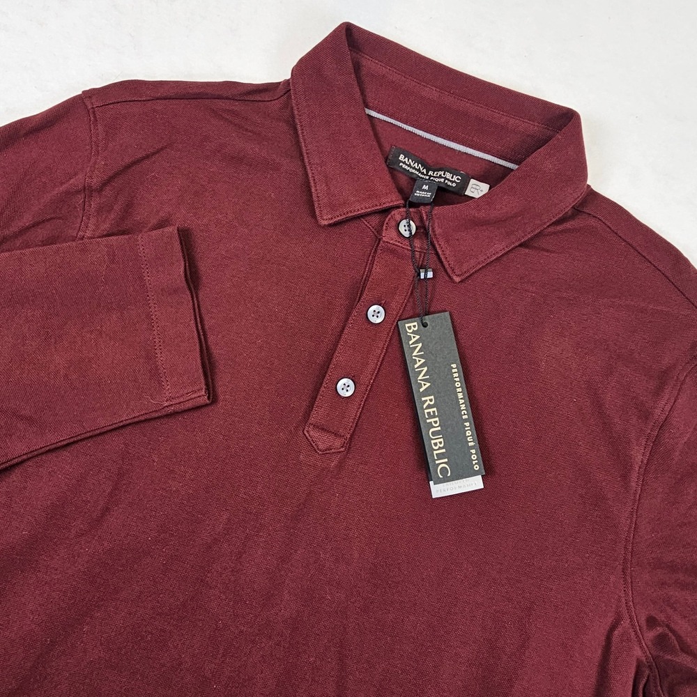 Banana Republic Mens Performance Pique Polo Long Sleeve Maroon Burgundy Medium
